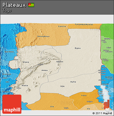 Shaded Relief Panoramic Map of Plateaux, political shades outside