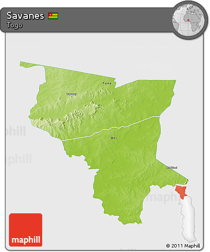 Physical 3D Map of Savanes, single color outside