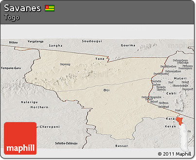 Shaded Relief Panoramic Map of Savanes, semi-desaturated