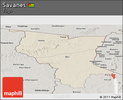 Shaded Relief Panoramic Map of Savanes, semi-desaturated