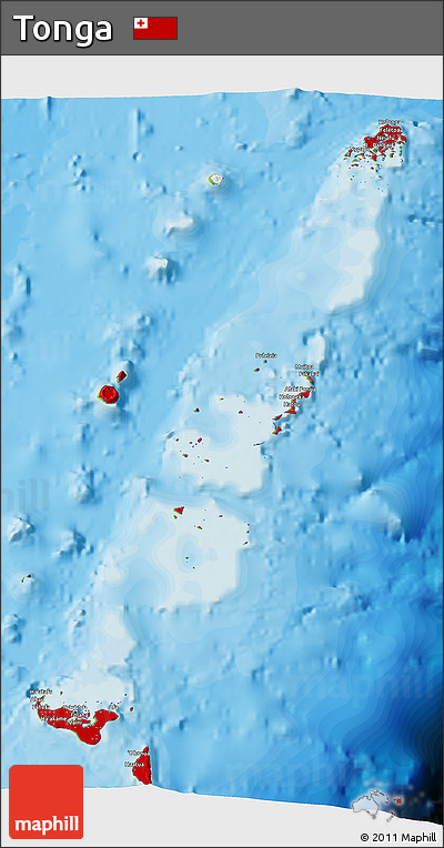 Flag 3D Map of Tonga, physical outside, bathymetry sea, flag rotated