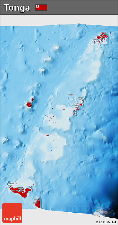 Flag 3D Map of Tonga, shaded relief outside, bathymetry sea, flag aligned to the middle