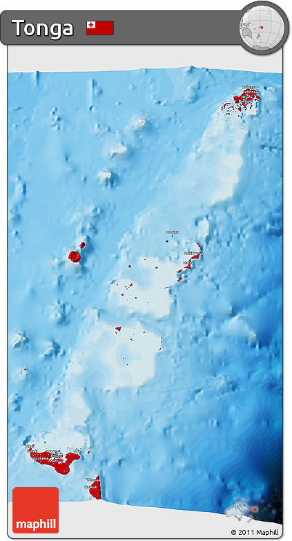Flag 3D Map of Tonga, single color outside, bathymetry sea, shaded relief sea, flag aligned to the middle