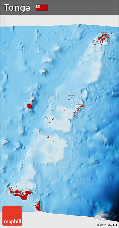 Flag 3D Map of Tonga, single color outside, bathymetry sea, shaded relief sea, flag aligned to the middle