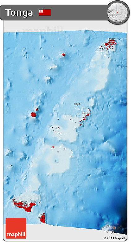 Flag 3D Map of Tonga, single color outside, shaded relief sea, flag centered