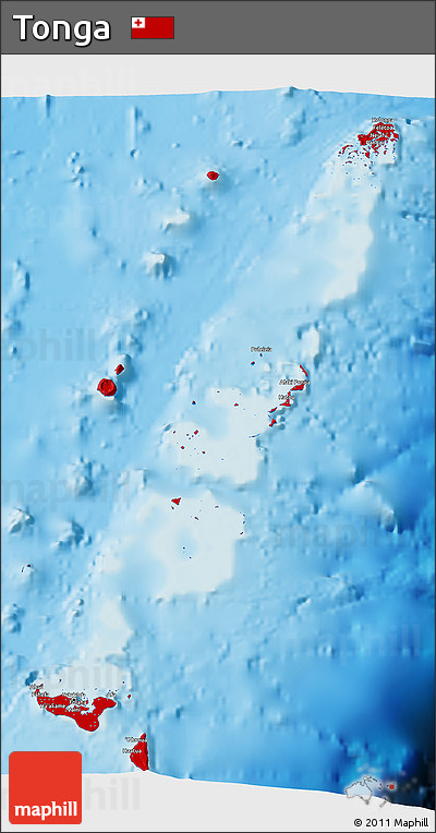 Flag 3D Map of Tonga, single color outside, shaded relief sea, flag centered