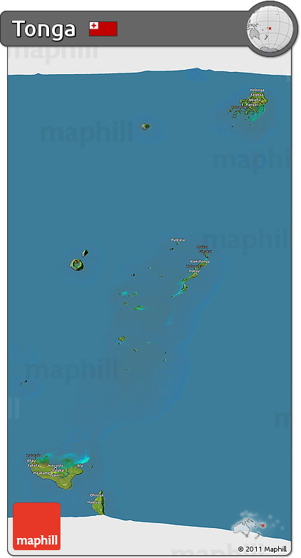 Satellite 3D Map of Tonga, darken, desaturated, land only