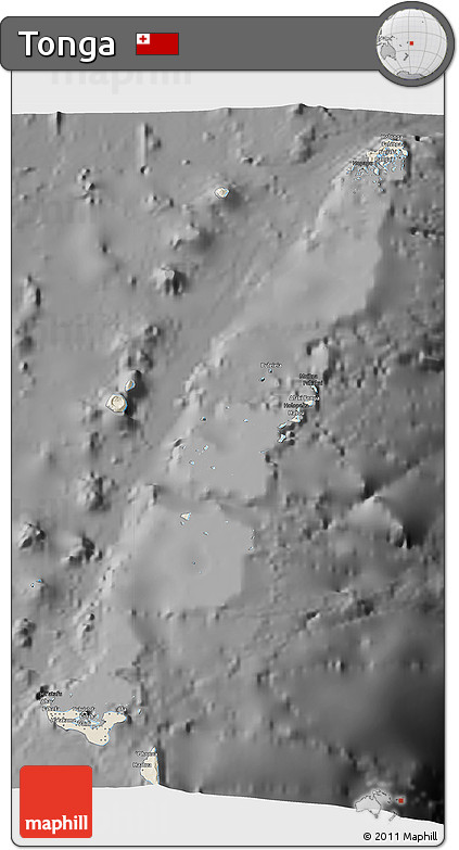 Shaded Relief 3D Map of Tonga, darken, desaturated