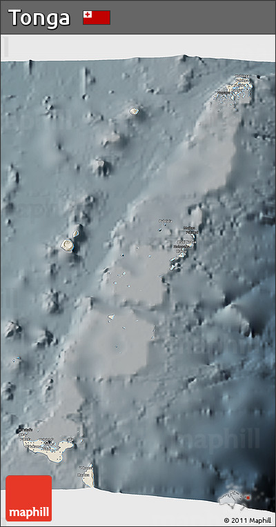 Shaded Relief 3D Map of Tonga, darken, semi-desaturated