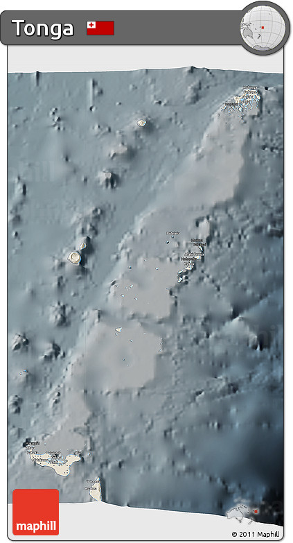 Shaded Relief 3D Map of Tonga, darken, semi-desaturated
