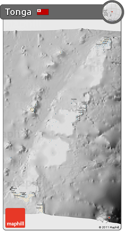 Shaded Relief 3D Map of Tonga, desaturated
