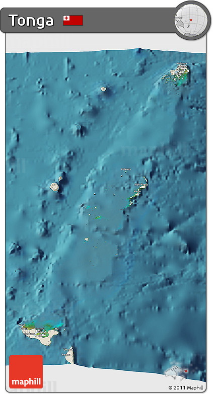 Shaded Relief 3D Map of Tonga, single color outside, satellite sea