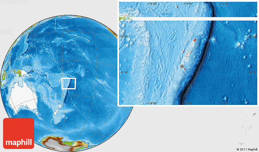 Physical Location Map of Tonga, highlighted continent