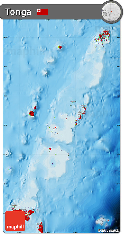Flag Map of Tonga, physical outside, bathymetry sea, flag centered