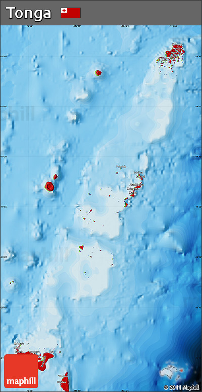 Flag Map of Tonga, physical outside, bathymetry sea, flag centered