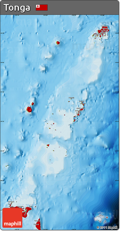 Flag Map of Tonga, physical outside, bathymetry sea, flag centered