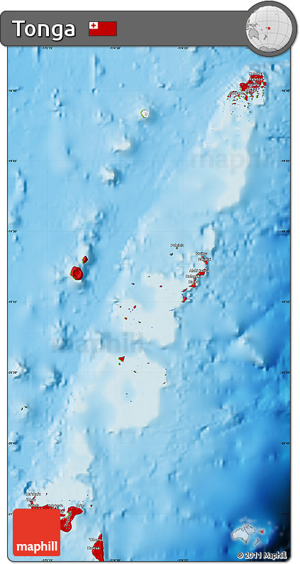 Flag Map of Tonga, physical outside, flag aligned to the middle