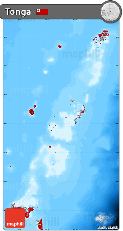 Flag Map of Tonga, single color outside, bathymetry sea, flag centered