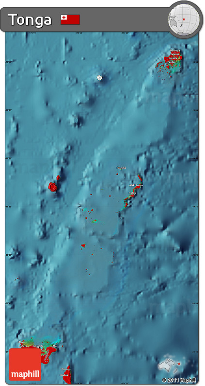 Flag Map of Tonga, single color outside, satellite sea, flag aligned to the middle