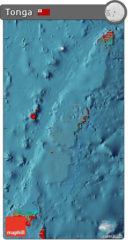 Flag Map of Tonga, single color outside, satellite sea, flag rotated