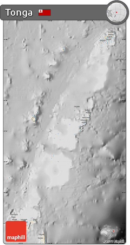 Shaded Relief Map of Tonga, desaturated