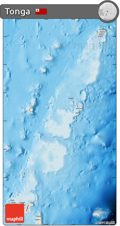 Shaded Relief Map of Tonga, single color outside, bathymetry sea, shaded relief sea
