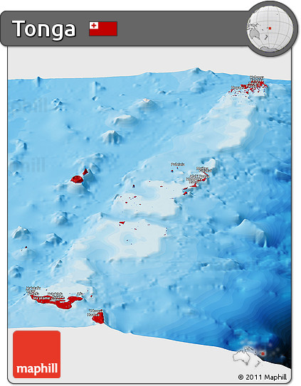 Flag Panoramic Map of Tonga, political outside, flag rotated