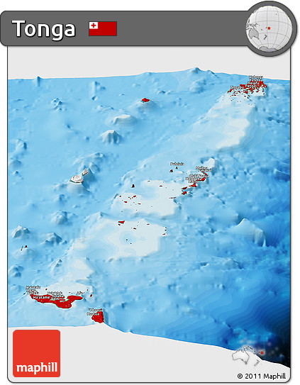 Flag Panoramic Map of Tonga, satellite outside, bathymetry sea