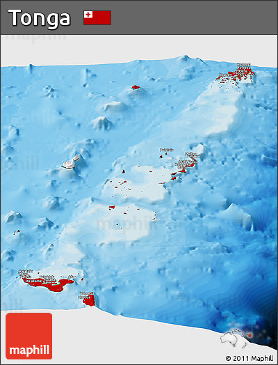 Flag Panoramic Map of Tonga, satellite outside, bathymetry sea