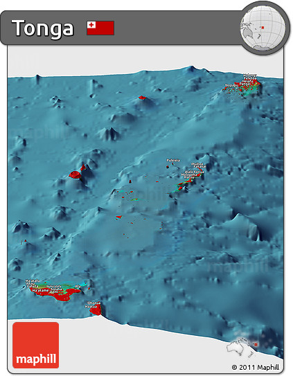 Flag Panoramic Map of Tonga, satellite outside, flag centered