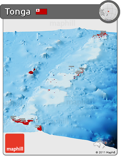 Flag Panoramic Map of Tonga, shaded relief outside, flag rotated