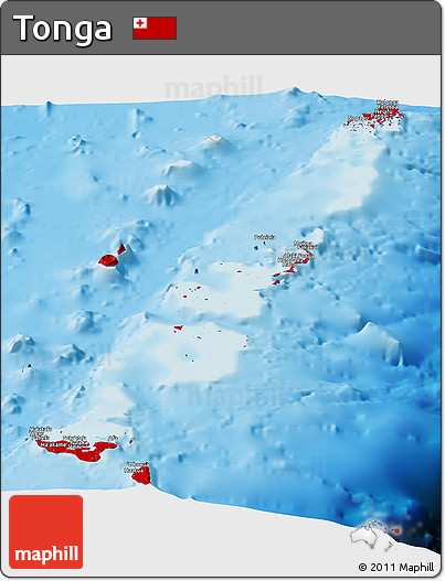 Flag Panoramic Map of Tonga, shaded relief outside, flag rotated