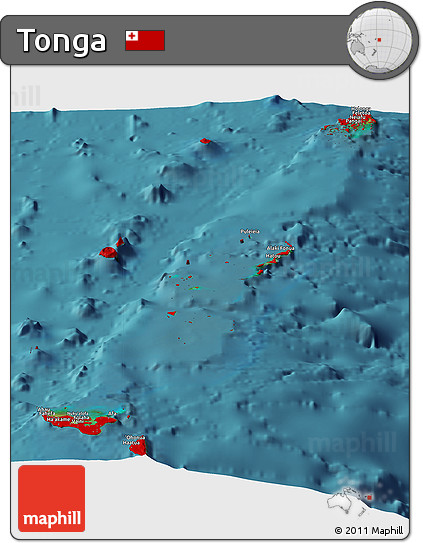 Flag Panoramic Map of Tonga, single color outside, satellite sea, flag centered