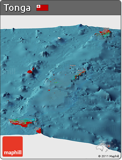 Flag Panoramic Map of Tonga, single color outside, satellite sea, flag aligned to the middle