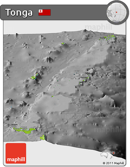 Physical Panoramic Map of Tonga, darken, desaturated