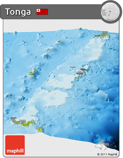 Physical Panoramic Map of Tonga, darken, semi-desaturated, land only