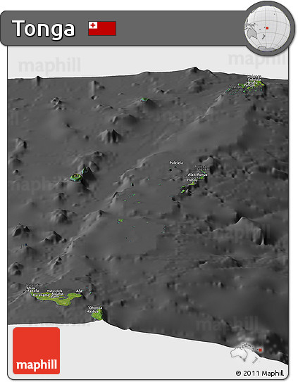Satellite Panoramic Map of Tonga, darken, desaturated
