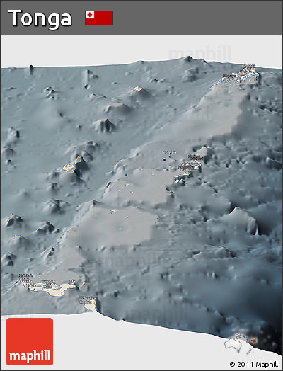 Shaded Relief Panoramic Map of Tonga, darken, semi-desaturated