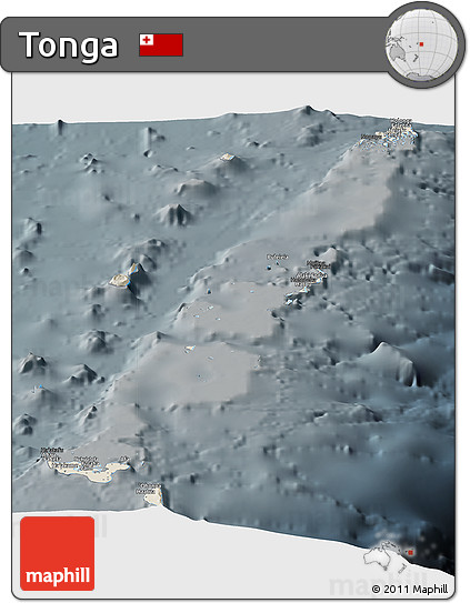 Shaded Relief Panoramic Map of Tonga, darken, semi-desaturated