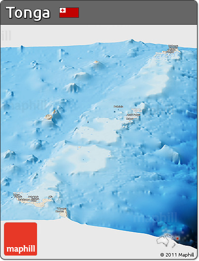 Shaded Relief Panoramic Map of Tonga, lighten, desaturated, land only