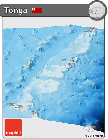 Shaded Relief Panoramic Map of Tonga, political shades outside
