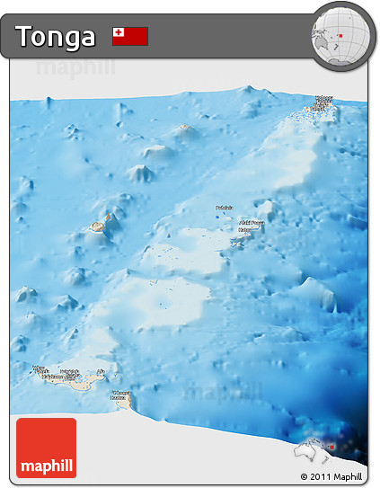 Shaded Relief Panoramic Map of Tonga, single color outside