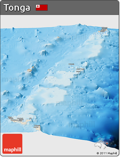 Shaded Relief Panoramic Map of Tonga, single color outside