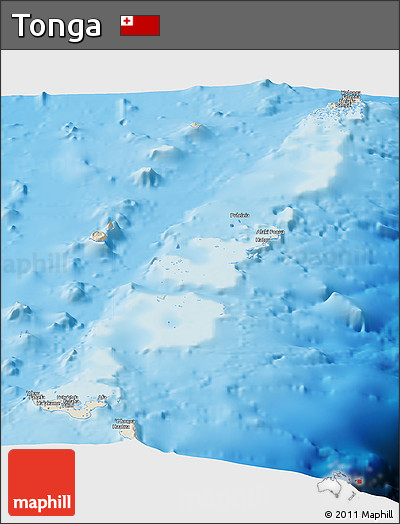 Shaded Relief Panoramic Map of Tonga, single color outside