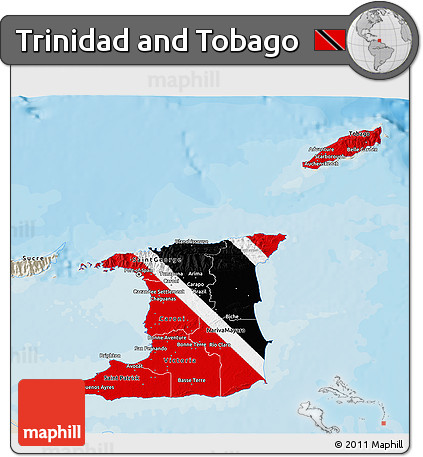 Flag 3D Map of Trinidad and Tobago, shaded relief outside, bathymetry sea, flag aligned to the middle
