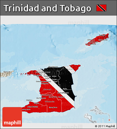 Flag 3D Map of Trinidad and Tobago, shaded relief outside, bathymetry sea, flag aligned to the middle