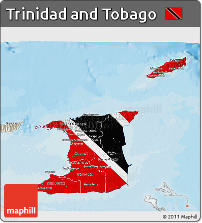 Flag 3D Map of Trinidad and Tobago, shaded relief outside, bathymetry sea, flag aligned to the middle
