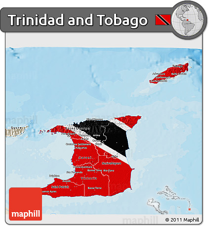 Flag 3D Map of Trinidad and Tobago, shaded relief outside, bathymetry sea, flag rotated