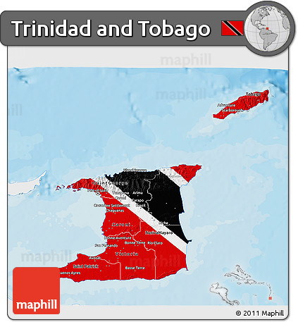 Flag 3D Map of Trinidad and Tobago, single color outside, bathymetry sea, shaded relief sea, flag centered