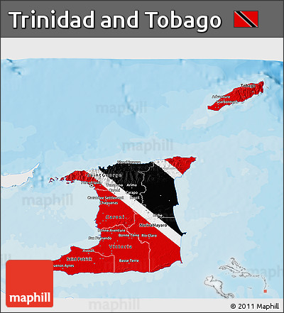 Flag 3D Map of Trinidad and Tobago, single color outside, bathymetry sea, shaded relief sea, flag centered